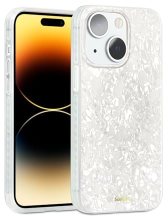 SCORPIFY for iPhone 15 Plus Case [Compatible with MagSafe] with White Pearl Design, Cute Clear Magnetic Phone Cover for Women Girls and Men, Slim Bumper with Mother of Pearl Shell Pattern