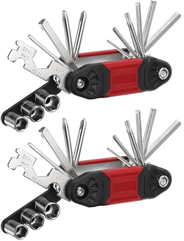 QUARKZMAN 2 Stück Fahrradreparatur-Multitool, 16 in 1 Multi-Funktions-Tragbares Fahrradmechaniker-Reparaturset Fahrradwartungswerkzeug-Kit für Mountainbike und Rennrad, Rot