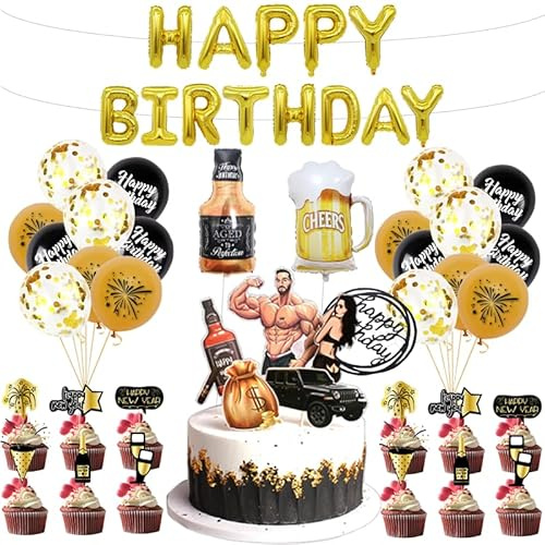 33 Stück Dekorationsset für Herren-Geburtstagstorten mit Motiven wie Whisky und Sportwagen, ideal zum Verzieren von Vatertort und Partytorten