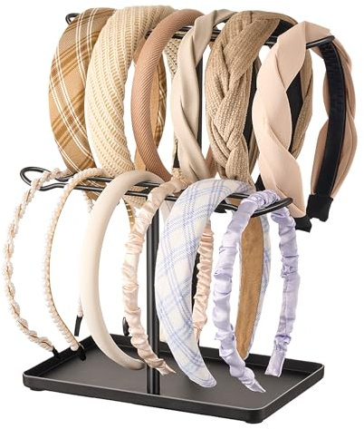 Josmimic Schmuck-Organizer für Haar-Accessoires: zweistöckiger Ständer mit Ablageschale für Mädchen, perfekt für Schminktisch, Kommode oder Badezimmer, schwarzes Tablett mit schwarzen Stäben