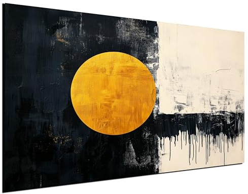 DARO Design® Leinwand Bild Groß 84x56 cm XXL Wanddeko Wohnzimmer Aesthetic Room Decor Deko Zimmer Wandbilder Modern Bild auf Leinwand Gold Kreis Sonne Schwarz Weiß Abstrakte Kunst