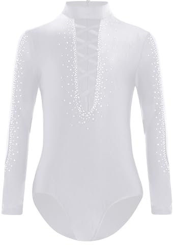 Xnihocha Turnanzug Jungen Ballett Trikot Langarm Strass Gymnastikanzug Tanzbody Slim Fit Hemdbody Latein Tanzkostüm Weiß 134-140