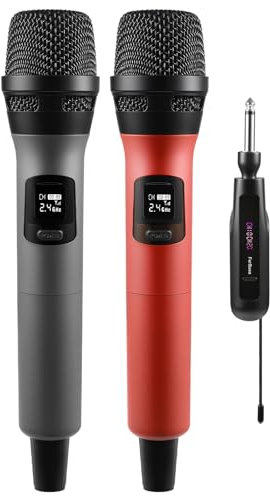 FerBuee Micrófono Inalámbrico Dual Profesional Sistema de Micrófono con Receptor Recargable, para Amplificador, Sistema PA, Karaoke, Reunión, Parte, Boda (Gris & Rojo)