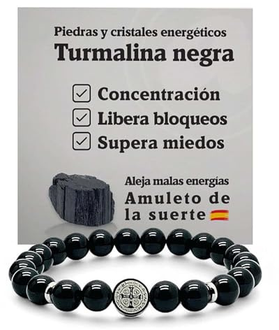 arana's® Bracciale medaglione croce San Benito in tormalina nera - Filo elastico con sfere da 8 mm - Braccialetti energetici per donna e uomo - Amuleto contro le cattive energie e il malocchio, 19,50