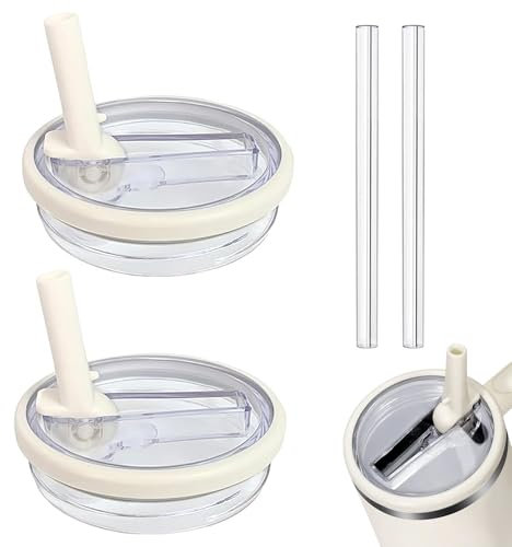 2Pack 40oz Leak Proof Lid with Straw for Stanley Replacement, Tumbler Flip Straw Lid for Stanley Accessories, Silicone Foldable Cup Lids, Reusable Threaded Cup (White)