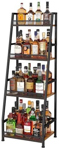4-Tier Trapezoid Liquor Stand for Home Bar, Stepped Wine Rack Freestanding Floor for Liquor Whiskey Wine, Versatile Corner Wine Bottle Display Stand with Fences, Vintage Brown（Patent Pending）