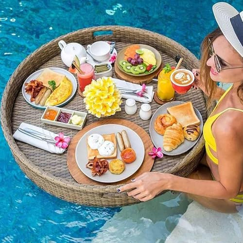 vnmudzeo Plateau De Service Flottant Rond, 60 Cm Ou 80 Cm, IdéAl pour Les RafraîChissements Autour De La Piscine Ou Lors d'une FêTe.,Almond-80cm/32