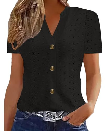 Ladies Blouses, Vintage Floral Print Shirts Summer V Neck Short Sleeve Blouse Eyelet Embroidery T-Shirt Going Out Top for Women Causal Clothes Women's Tunic Tops Slim Fit T-Shirts XS-XXL
