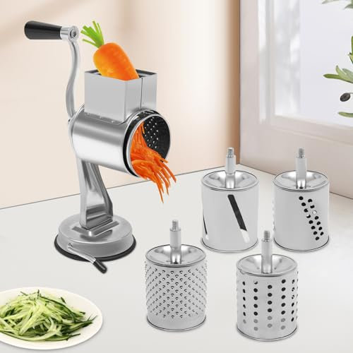 【5-Klingen】 Trommelreibe Edelstahl, Käsereibe mit Kurbel & Parmesanmühle | Manueller Gemüseschneider für gleichmäßige Stifte & Scheiben | Inkl. Saugfuß