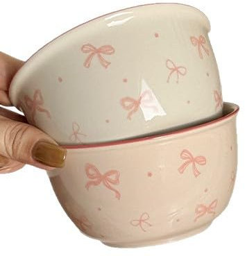 2 Piece Pink Bow Ceramic Bowl Set Underglaze High Color Ceramic Tableware Cute Soup Bowl College Style Dessert Pudding Fruit Salad Decoration Kitchen Decoration Pink White Bowl Couple Bowl Set Dormito