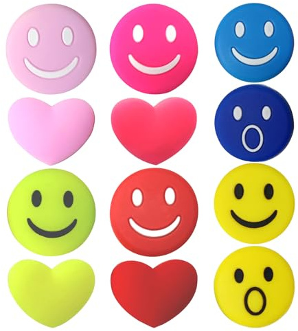 12er Set Tennis Dämpfer Lustig - Premium Silikon Vibrationsdämpfer mit Smiley-Designs reduziert Schlägervibrationen für Tennis Badminton Squash