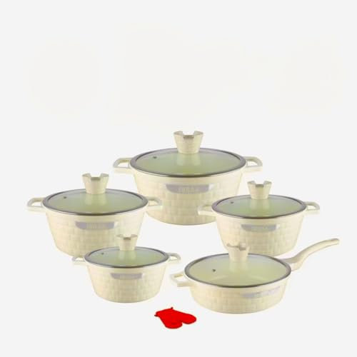 IBRAA 12 Piece Cooking pots, Non-Stick, Induction, Bricks Shape, Easy Cleansing, semi- Thick Glass lid, Two Gloves, Standard Quality Set of Five Cooking pots. (Cream)