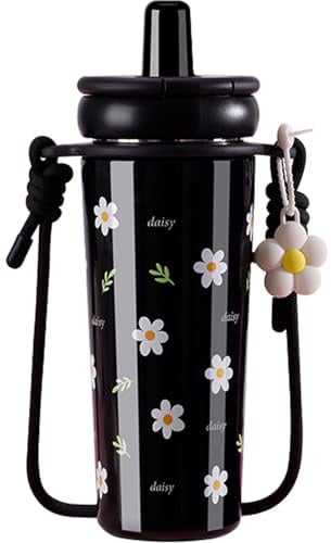 Disoza 720 ML Schwarz Gänseblümchen Thermobecher Trinkbecher mit Deckel und Strohhalm Kaffeebecher mit Strohhalm Edelstahl Trinkflasche mit Strohhalm Wasserflasche mit Henkel