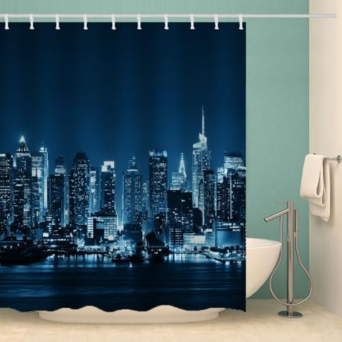 MOXINO New York Duschvorhang Anti-Schimmel 180x200 cm Polyester Stoff Textil Waschbar Wasserdicht Badvorhang 3D New York Motiv Duschvorhänge Badezimmer mit 12 Haken（Stil 147-18）