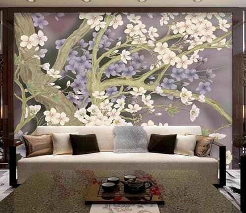 XLMING Three Dimensiona Trees Purple White Flowers 3D Wallpaper Luxury Home Dining Decor Paste Sofa Living Room The Wall for Bedroom Mural-150cm×105cm
