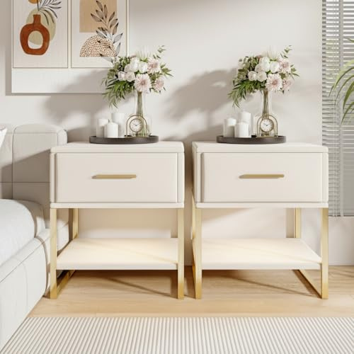 BestAlice Nachttisch 2er Set, Nachtschrank, Beistelltisch mit offenem Fach und 1 Schublade, Beistelltisch Couch,Nachtkästchen mit LED, Kommode für Schlafzimmer, Wohnzimmer Büro,Beige Samt