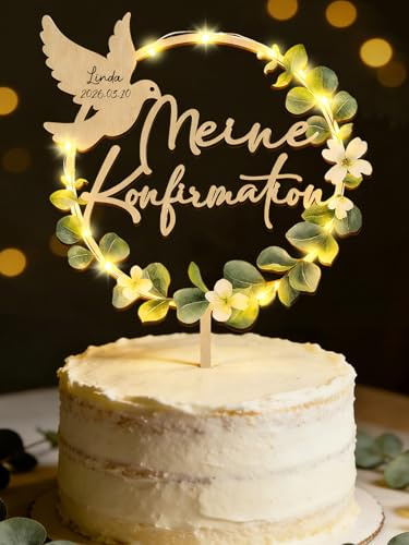 Tortendeko Konfirmation mit LED Lichterkette, Meine Konfirmation Cake Topper Holz, Eukalyptus Tortenstecker Deko Junge Mädchen Geschenke Gastgeschenke, Konfirmationsgeschenke Junge Mädchen