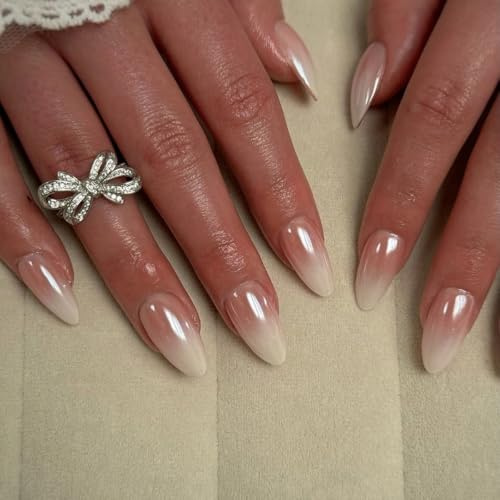 JUSTOTRY 24 Stück Milky Weiß Fingernägel zum Aufkleben Kurz,Chrome Mandel Press on Nails,Glossy Oval Mirror Kunstnägel Mittel,French Nägel Zum Aufkleben für Frauen