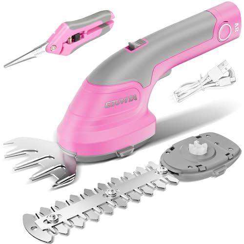 EZUVITA 2-in-1 Cordless Hedge Trimmer&Grass Shear, 8V Hand Held Hedge Trimmer with 2000mAh Removable Battery, Hedge Cutter with 2 Interchangeable Blades for Bushes, Branches, Shrubs, Lawn Edging(Pink)