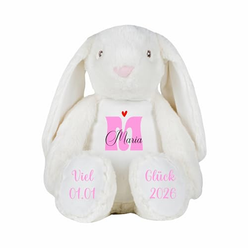 Luteus Design Personalisiertes Kuscheltier mit Name und Geburtsdatum, Plüschtier aus Polyester, Geschenk zur Geburt und Taufe (Hase, Weiß)