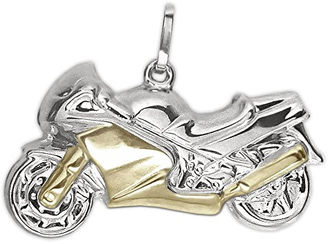 CLEVER SCHMUCK Silberner Anhänger Motorrad 27 x 13 mm beidseitig plastische Form teilvergoldet bicolor glänzend STERLING SILBER 925 im Etui blau