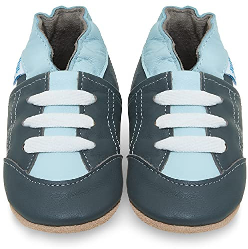Juicy Bumbles - Weicher Leder Lauflernschuhe Krabbelschuhe Babyhausschuhe mit Wildledersohlen. Junge Mädchen Kleinkind- Gr. 0-6 Monate (Größe 19/20)- Graue Turnschuhe