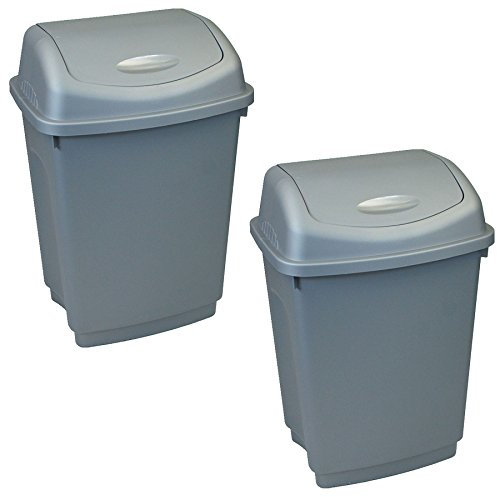 CrazyGadget 2 x 50L 50 Litre Swing Bin Home Garden Kitchen Rubbish Recycle Plastic Waste Bin Dustbin Silver - Made in U. K.