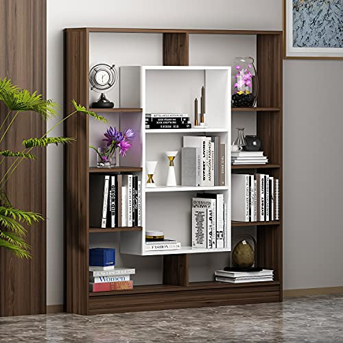 Homidea Venus Bücherregal - Standregal - Büroregal - Raumtieler für Wohnzimmer/Büro in modernem Design (Nußbaum/Weiß)