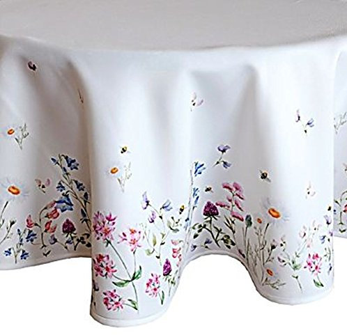 Tischtuch Rund 150 cm Pflegeleicht Weiß Blumenwiese Bunt Frühlingsdecke Tischdecke (150 cm)