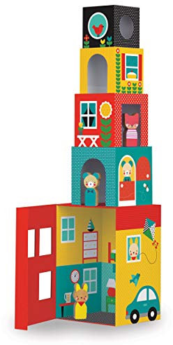 PETIT COLLAGE Stapelwürfel, Spielhaus mit Holzfiguren, Spielset für Kinder ab 12+ Monaten