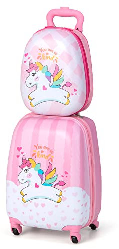 COSTWAY ABS Kids Luggage Set, 12'' Backpack 16'' Suitcase Children Boys Girls Travel School Trolley Case (Unicorn)