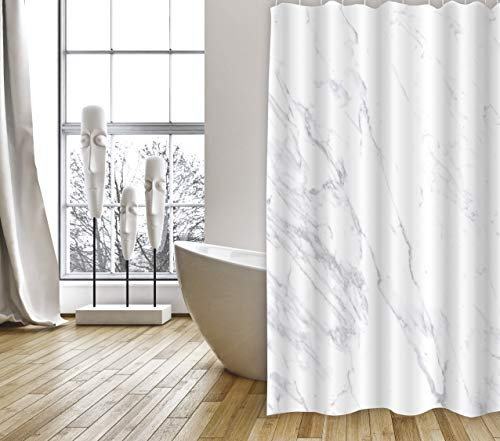 MSV Cotexsa by Premium Anti-Schimmel Textil Duschvorhang - Anti-Bakteriell, waschbar, 100% wasserdicht, mit 12 Duschvorhangringen - Polyester, „Toscana“ Marmor Weiß 180x200cm – Made in Spain