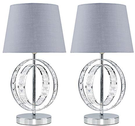 MiniSun | Modern Chrome Acrylic Jewel Table Lamp with a Grey Tapered Light Shade | Home Décor, Bedside & Desk Lamp | Set of 2