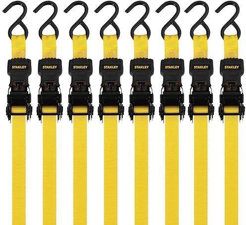 Stanley S1000 Spanngurte mit Ratsche, 2,5 cm x 3 m, Leichter Frachttransport (680,4 kg Bruchfestigkeit), Schwarz/Gelb, 8 Stück
