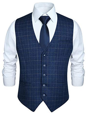HISDERN Herren Blau formale Hochzeit Party Weste Baumwolle Plaid Check Royal Blue Kleid Anzug Weste S