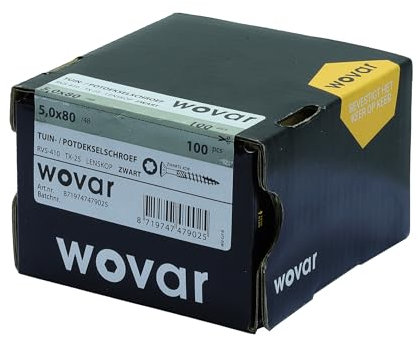 Wovar Vis bardage noire inox 5 x 80 mm Torx 25 avec pointe anti-fendage - Boîte 100 Pièces
