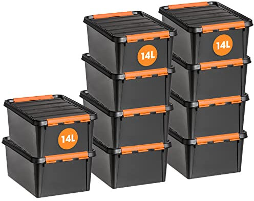 SmartStore Aufbewahrungsboxen mit Deckel, groß – 10er-Set zur Werkzeugaufbewahrung – Aufbewahrungsbox mit 14 l – ineinander und übereinander stapelbar BPA-freier Kunststoff – 40 x 30 x 19 cm – schwarz