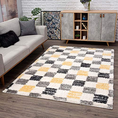 carpet city Teppich Shaggy Hochflor - Karo-Muster 140x200 cm Creme Grau Gelb - Teppiche Kariert Wohnzimmer