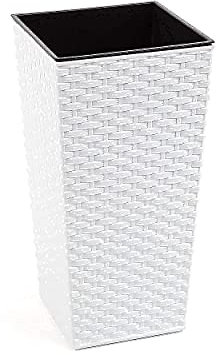 Pot de fleurs carré en plastique avec insert en rotin Blanc H 753 mm