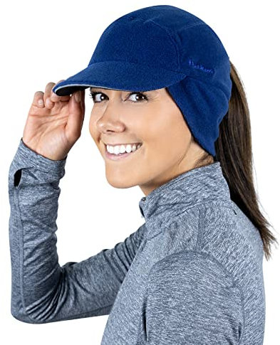 TrailHeads Mütze Damen – Fleece Cap Damen Pferdeschwanz – Wintermütze - Trailblazer Reflektierende Sport Winter Mütze mit Loch für Zopf - Indigo
