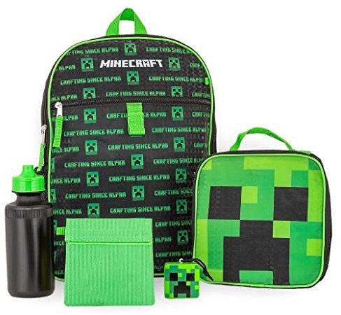 Bioworld Minecraft Crafting Alpha Creeper - Juego de mochila de 5 piezas, botella de agua, fiambrera, bolsa de aperitivos, verde
