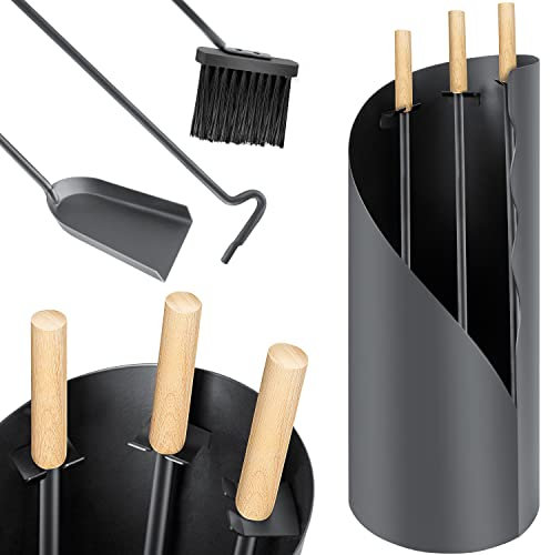 KESSER® Kaminbesteck Set 4-teiliges Kaminzubehör - Modern Design, beschichtet, Hochwertige Kamingarnitur aus 4 Teilen: Besen, Schaufel, Schürhaken, Ständer Stahl Edelstahlgriffe, Anthrazit