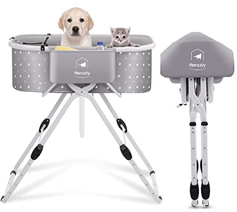 FLARUZIY Bañera elevada para mascotas, 5 alturas plegable, bañera de cuidado con desagüe, bañera portátil para perros pequeños y medianos y gatos máx. hasta 56 kg (gris)