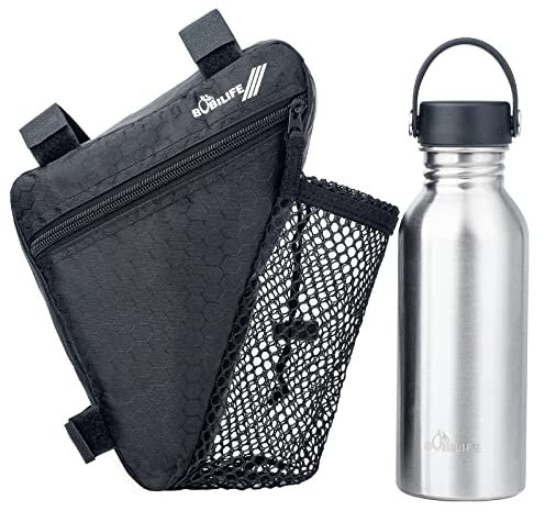 BOBILIFE Bike Frame Bag with Water Bottle - Bicycle Cycling Triangle Top Tube Pouch Saddle Bag with Bottle Holder and a Stainless Steel Water Bottle for Road and Mountain Bikes (Black w/Water Bottle)