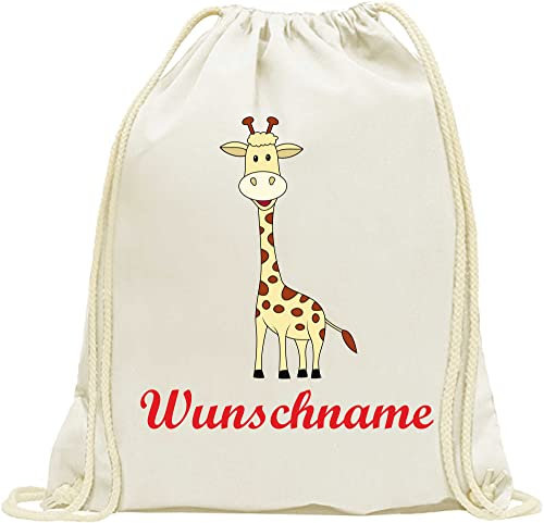 Turnbeutel - Beutel - 103 - Giraffe - Bedruckt mit Wunschname - Wunschtext aus 100% Baumwolle - Rucksack - Wäschebeutel für Kinder - Schule - Kita - Kindergarten individuell personalisiert