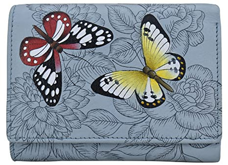 Anna by Anuschka Damen handgemalte Echtleder Damen DREI Falten Geldbörse, Schmetterling Garten Blau, Einheitsgröße