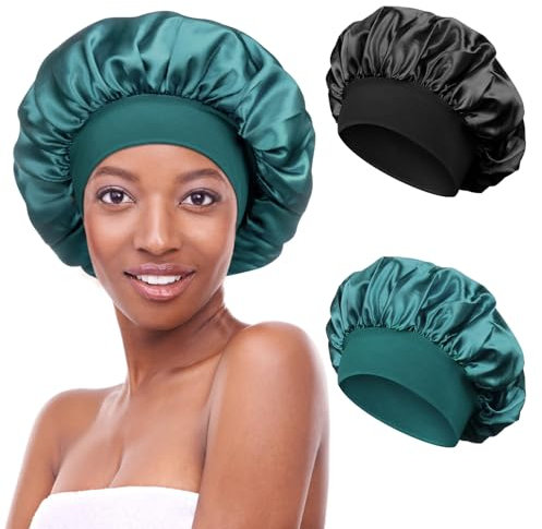 Kiiwah 2 Stück Satin Bonnet Schlafhaube Seide Locken Atmungsaktive Seide Schlafmütze Verstellbare Silk Bonnet Seidenhaube zum Schlafen Weiche Satin Haube für Damen Mädchen(Schwarz, Blau)