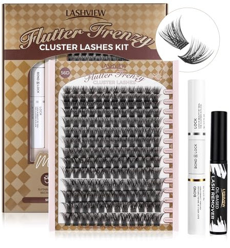 Lashview 56D bricolaje kits de extensión de pestañas, kits de extensión de pestañas de clúster, kits de pestañas personales, pestañas personales con pegamento y pinzas