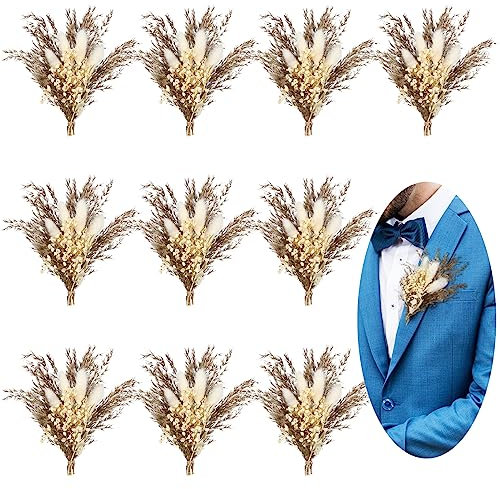 Fabbay Boho-Trockenblumen-Boutonniere für Herren, Hochzeit, Mini-Trockenblumenstrauß, Taschen-Boutonniere für Trauzeugen, Bräutigam, Hochzeitszeremonie, Jahrestag, Abendessen, Party-Dekorationen, 10