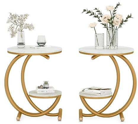 Tribesigns Lot de 2 tables d'appoint rondes en imitation marbre avec étagère de rangement, table d'appoint ronde pour salon, chambre à coucher (2, blanc/doré)